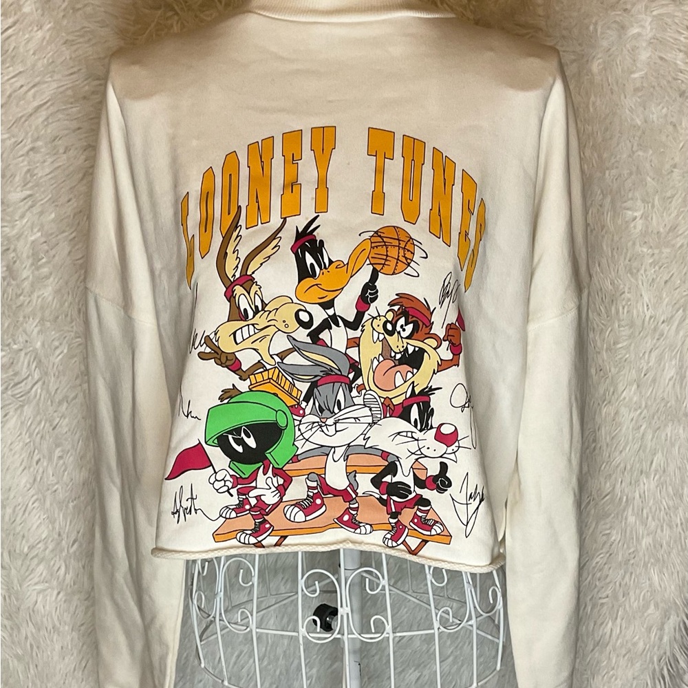 Looney Toons Taz Tweety Bugs Bunny Print Crop Hoodie Sweatshirt Medium